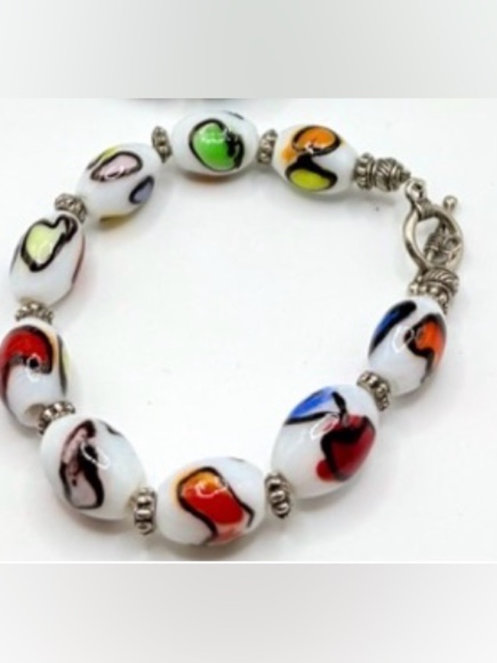 NWOT Bracelet Picasso-style Cubist Art Glass  oval beads 7.5” silver spacers